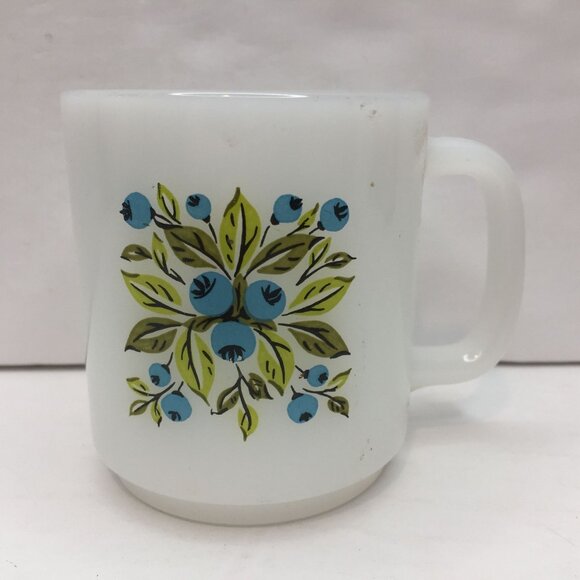 Vintage White Avocado Green Yellow Blue Retro 70's Coffee Mug Cup Leaves Berries - Picture 1 of 11